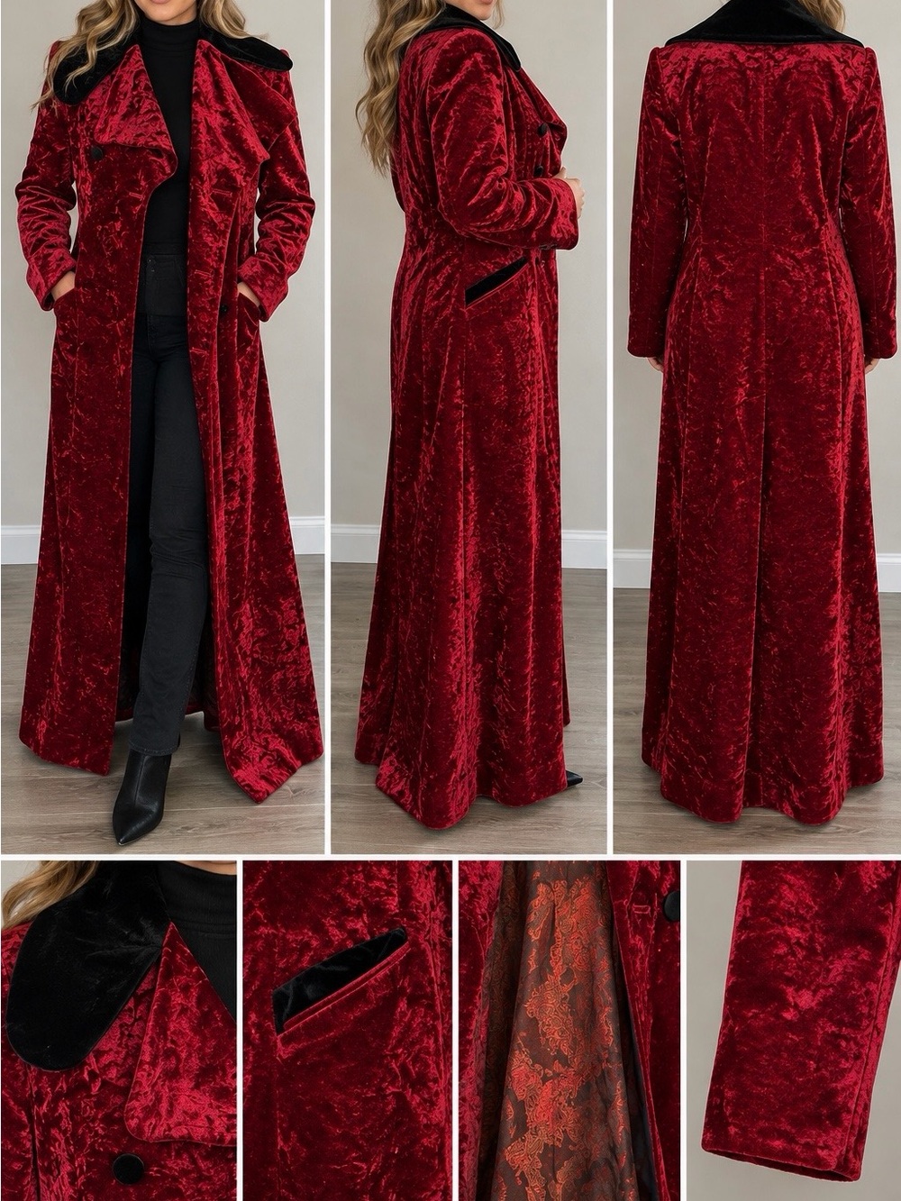 Rare 1960s Alexandre Red Crushed Velvet Maxi Coat Made in England